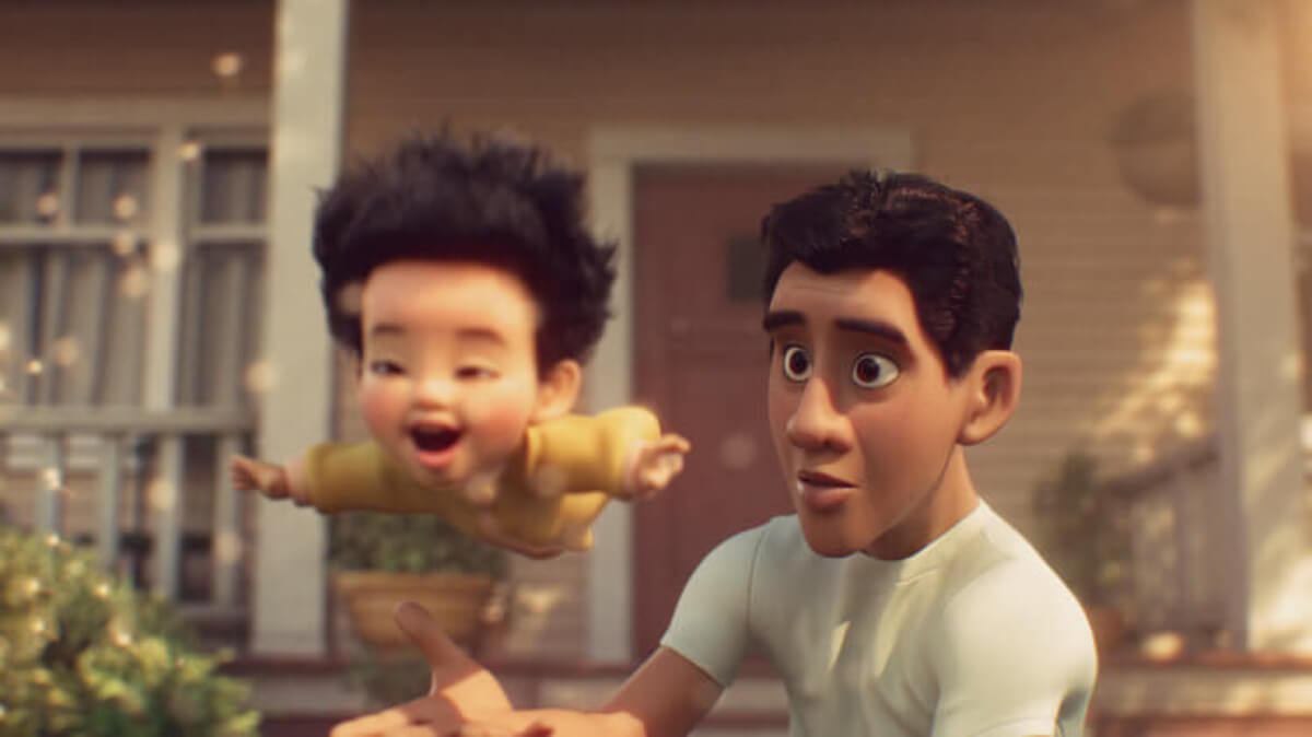 En scene fra filmen Float der barnet flyter bort fra faren sin.