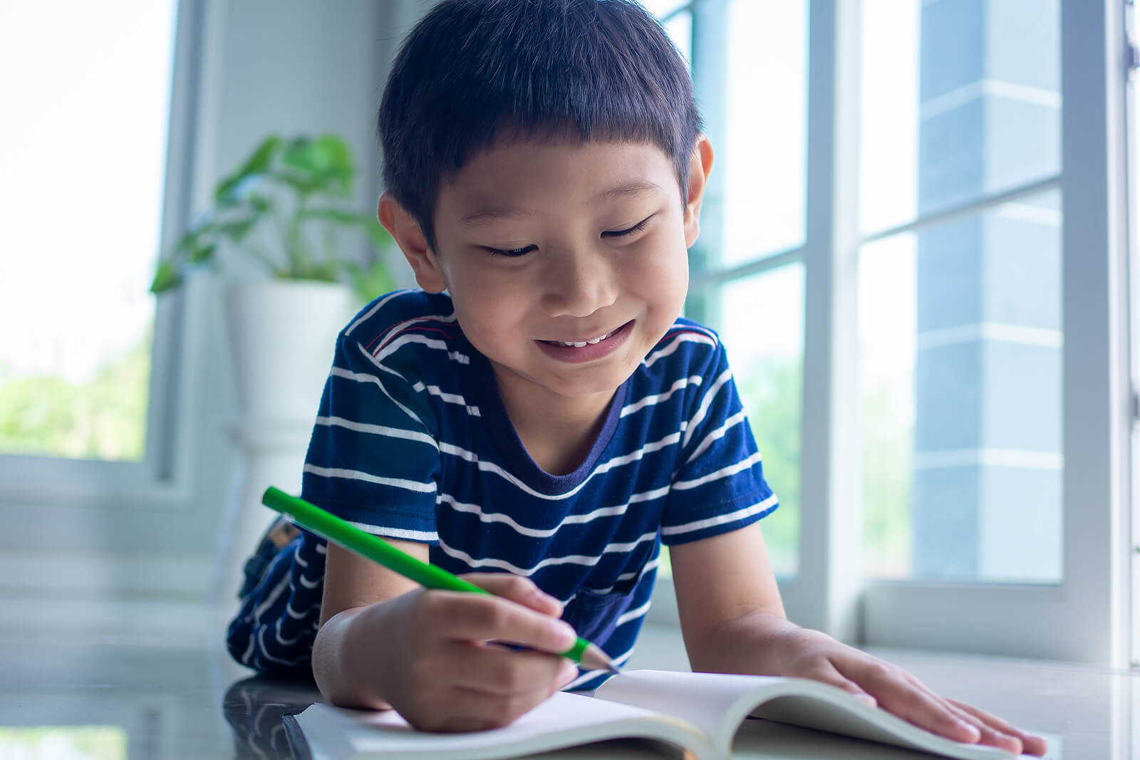Niño entretenido con un libro de pasatiempos infantiles.