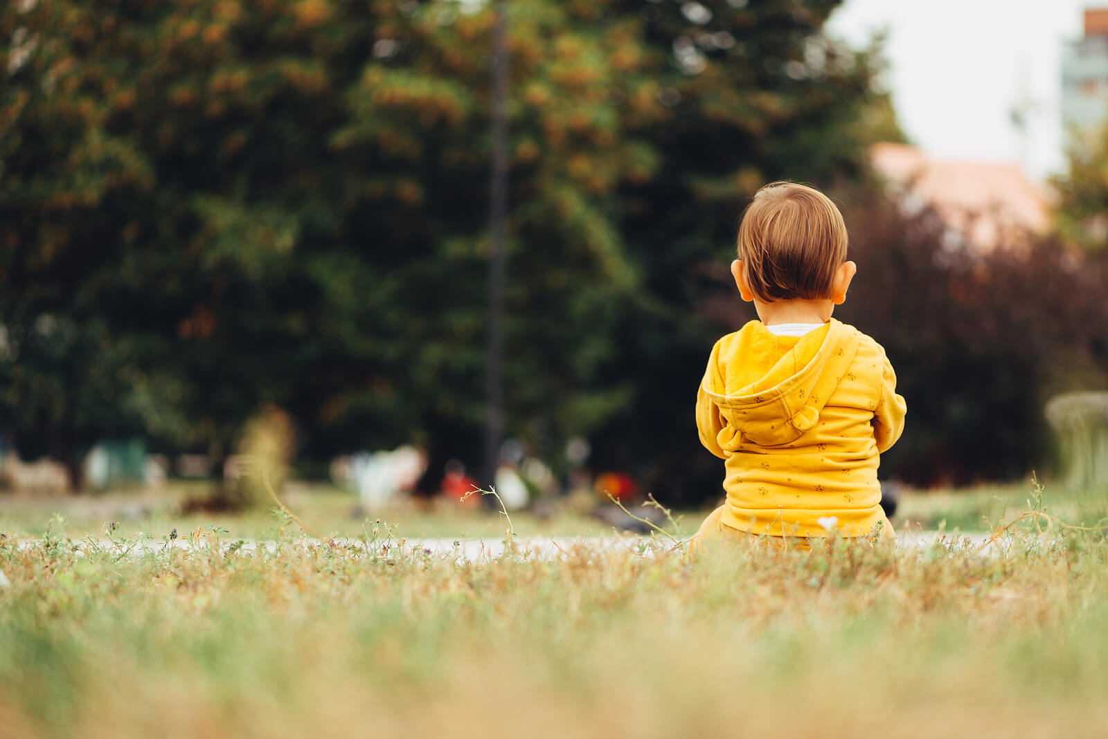 Niño sentado solo en un parque con trastorno de acumulación compulsiva.