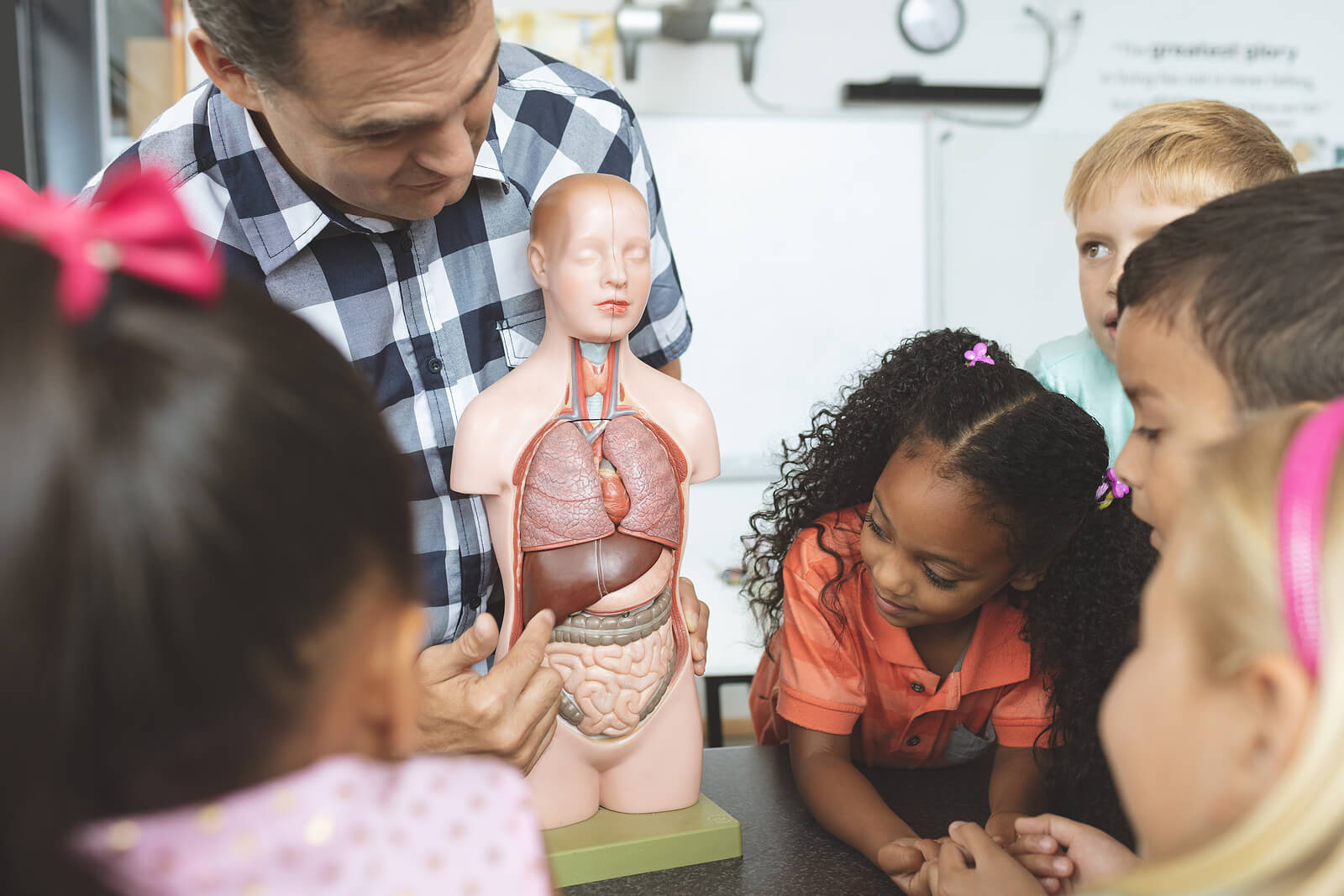 Profesor en clase con sus alumnos para explicar el cuerpo humano.