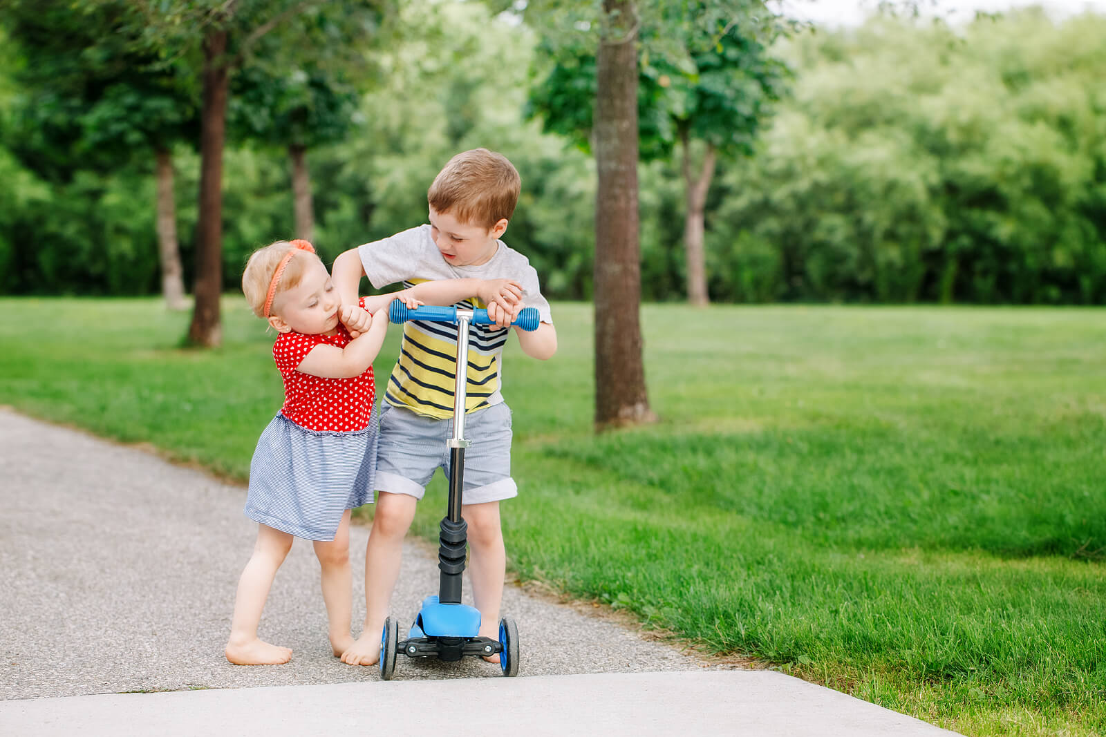 Hermanos peleando por un patinete.