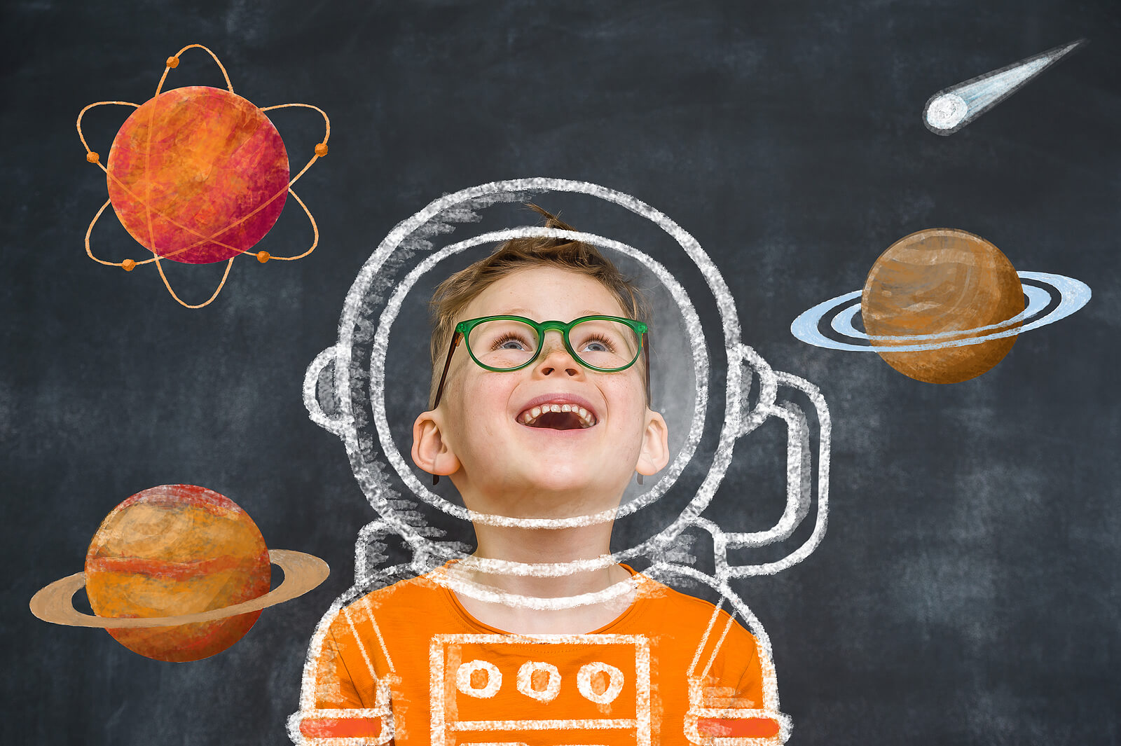 A young boy dreaming of being an astronaut.