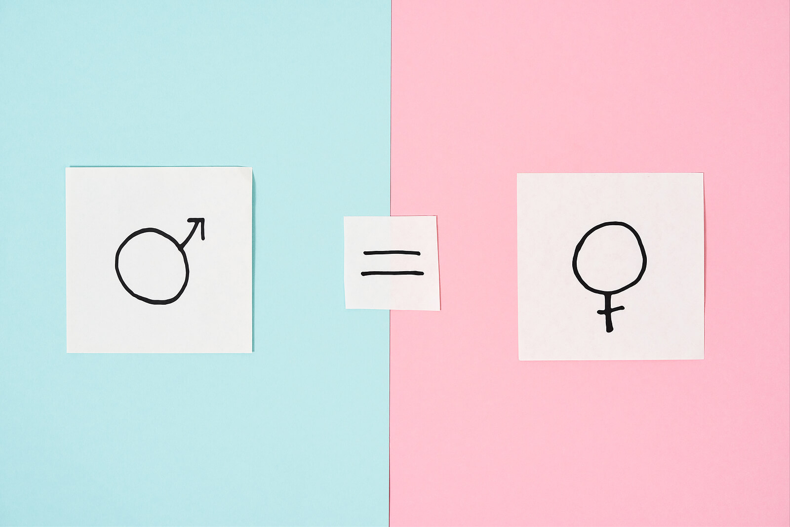 Symbolet for mann tegnet over en blå bakgrunn til venstre, symbolet for kvinne tegnet over en rosa bakgrunn til høyre, og et like symbol tegnet i midten.