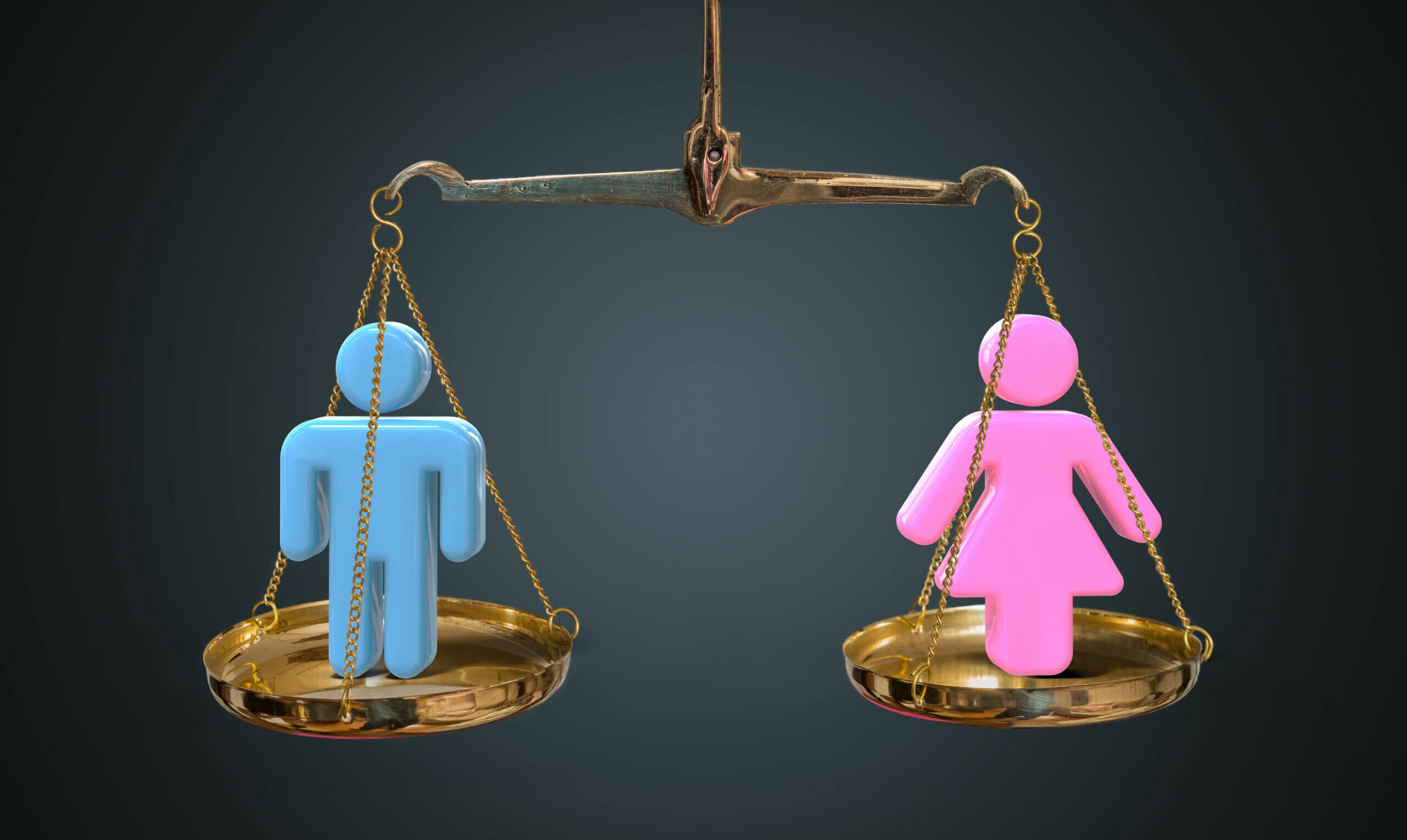 En blå mannsfigur og en rosa kvinnefigur på en vekt, begge veier det samme.