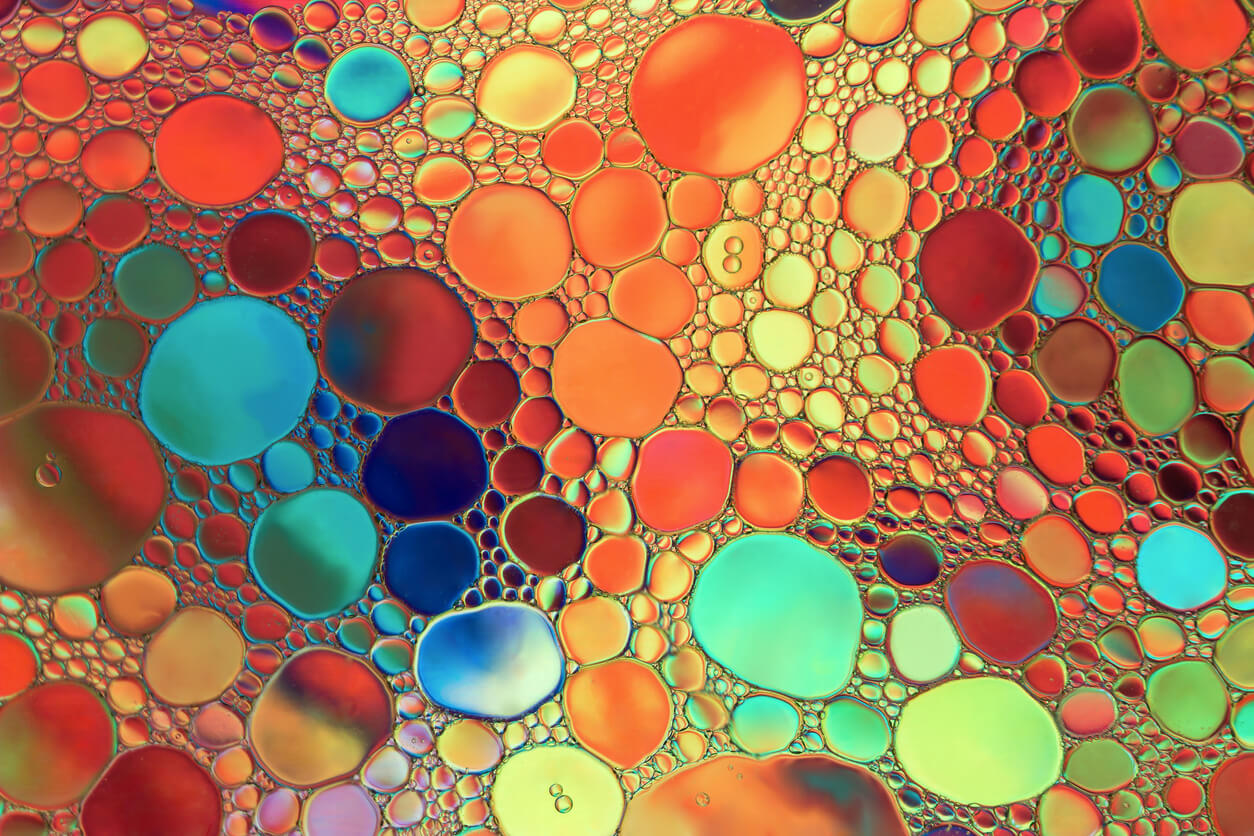Multicolored bubbles in a lava lamp.