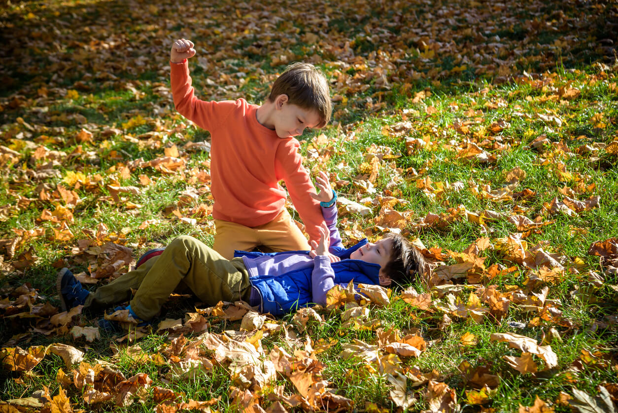 Enfant agressif frappant un autre enfant. 