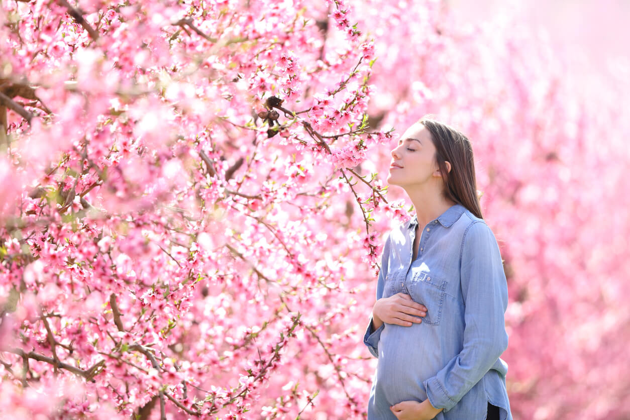 A pregnant woman smelling pink blossoms on a tree.