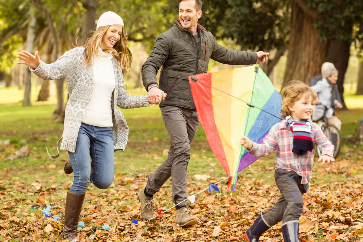 A family flying a kite in the park.