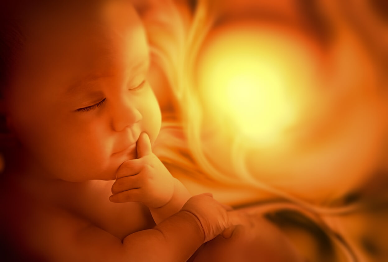 En illustration av en bebis i livmodern.