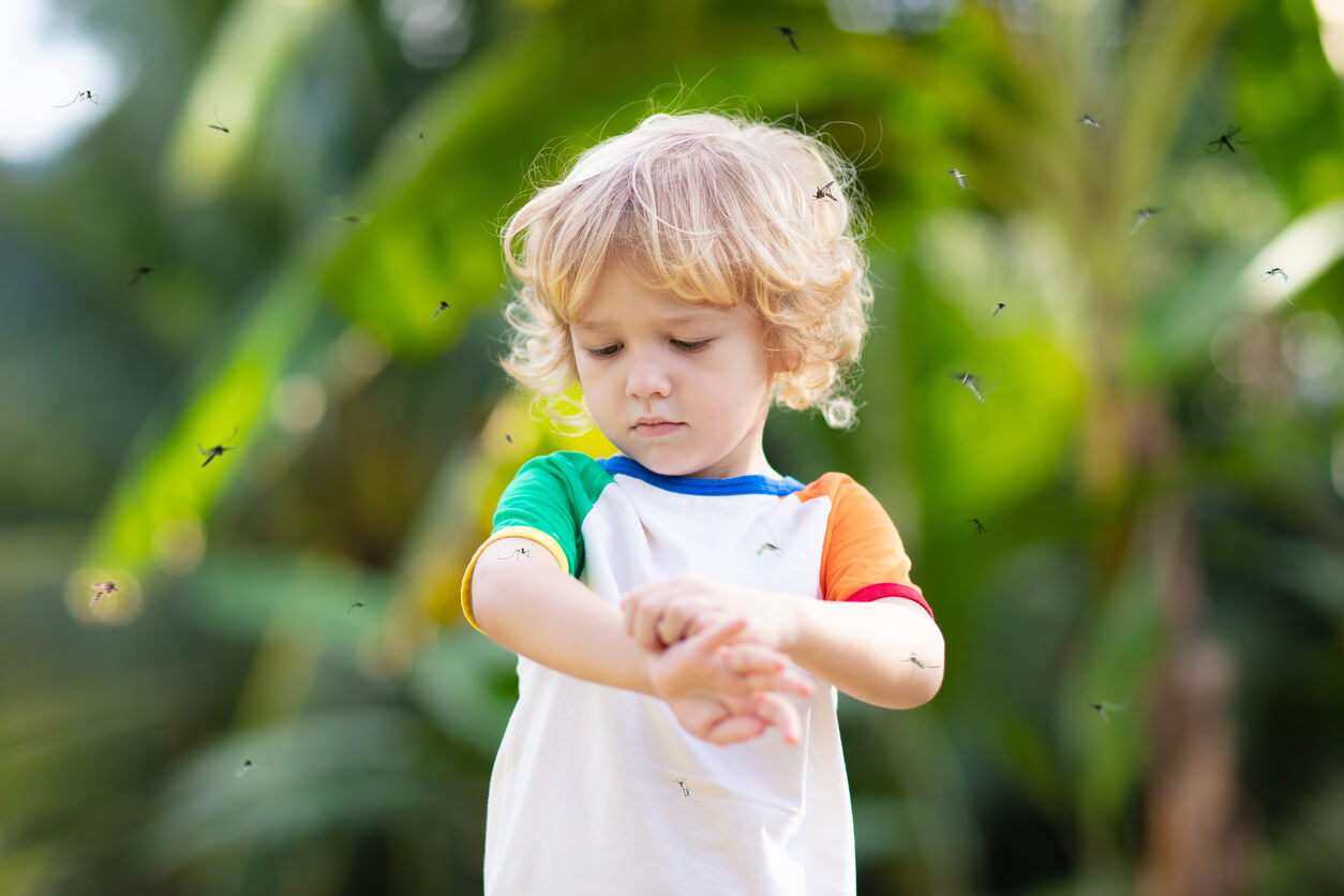 Un enfant entouré d'insectes.