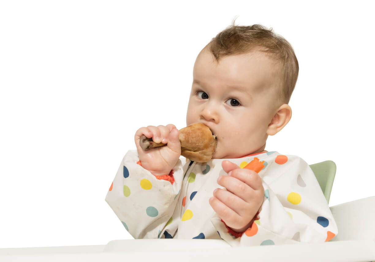 A baby gnawing on a chicken leg.