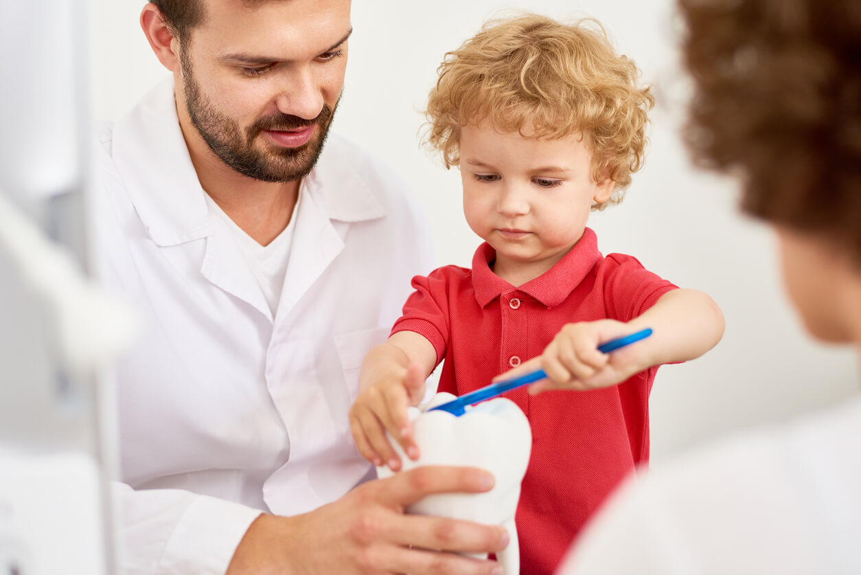 Un enfant qui brosse une dent prothèse à côté d'un adulte.