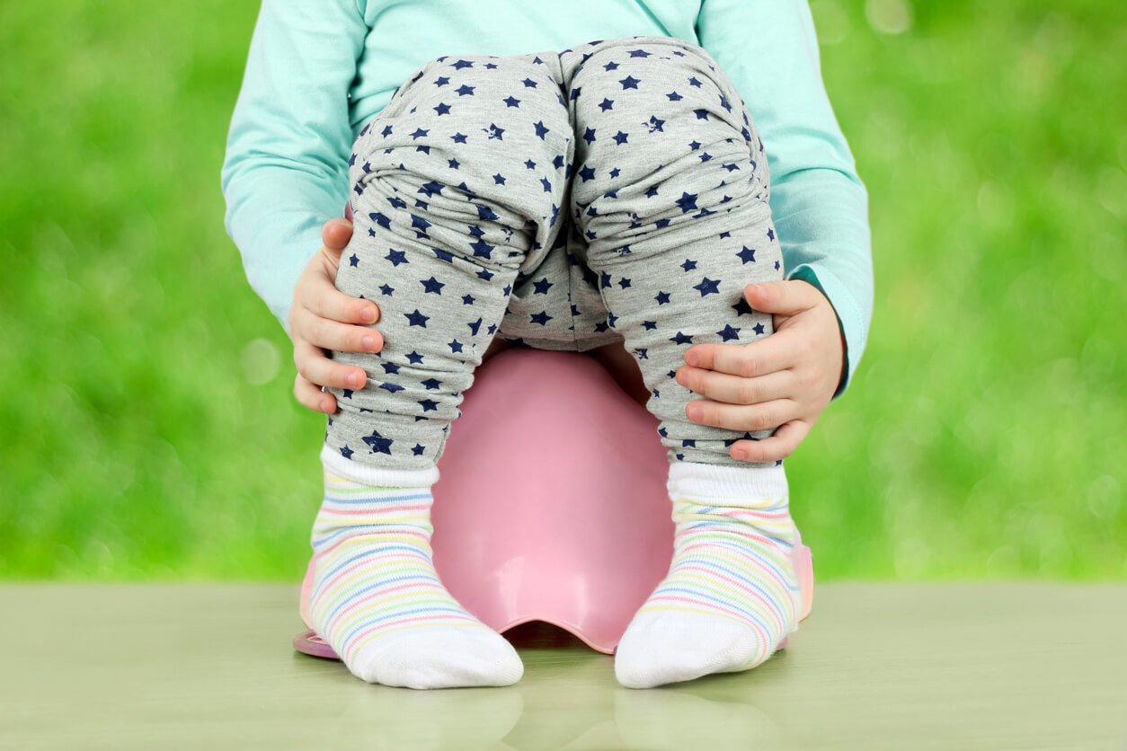 A toddler sitting on a potty.