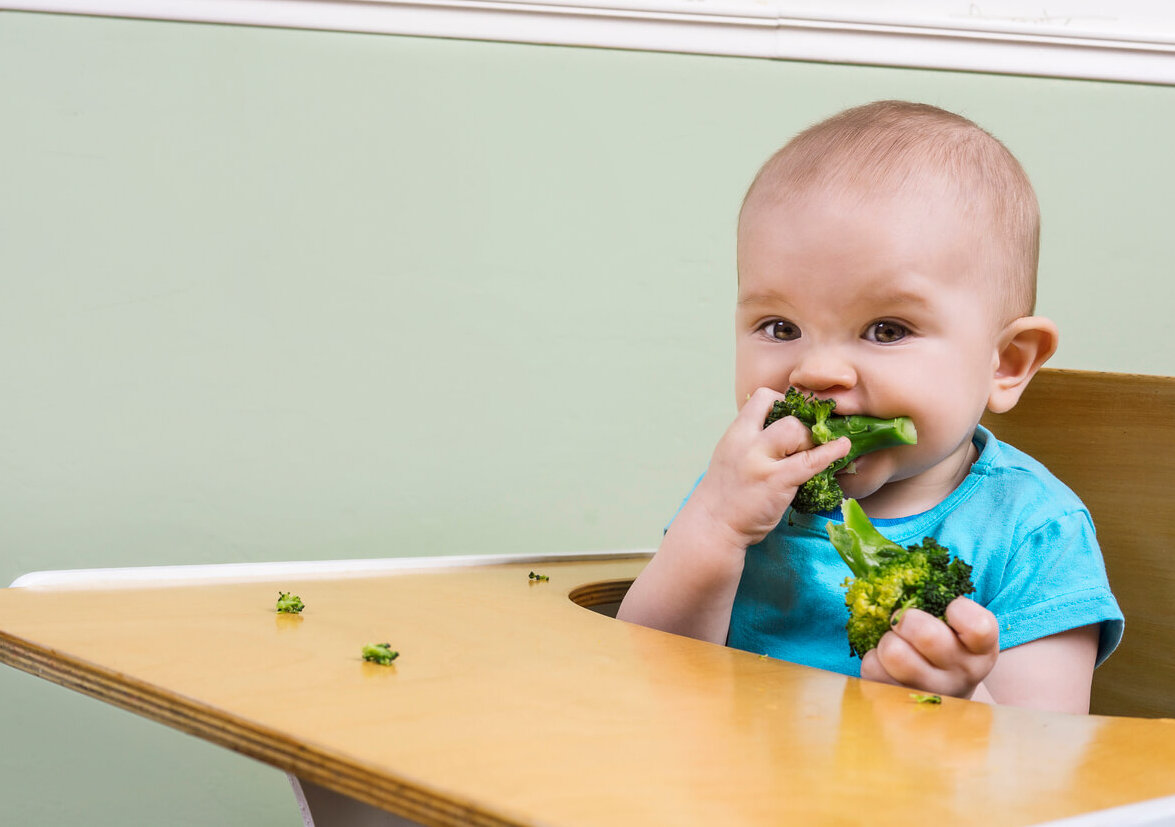 A baby putting broccoli in his mouth.