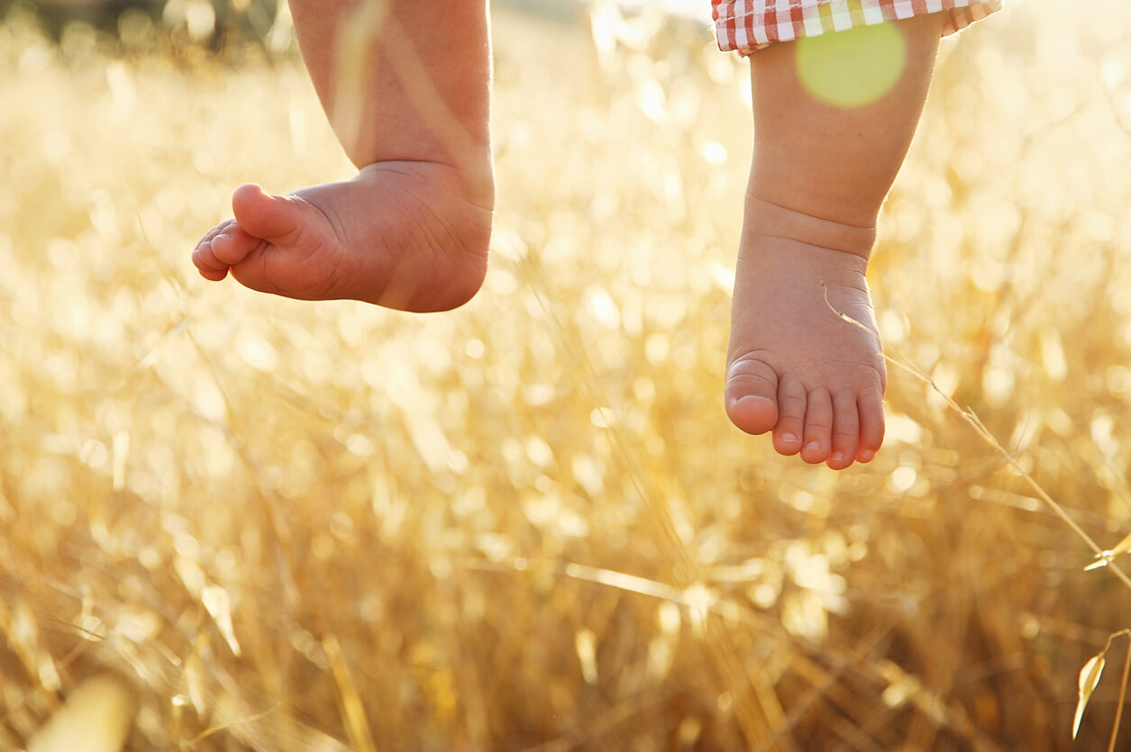 Les pieds nus d'un bébé dans un champ.