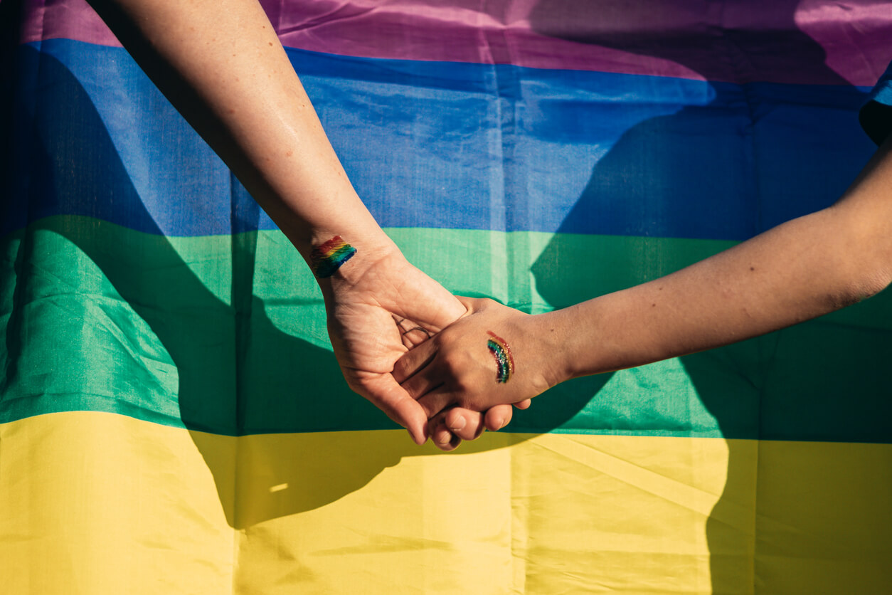 concetto rispetto transgender lgtb mano madre figlio bandiera colori