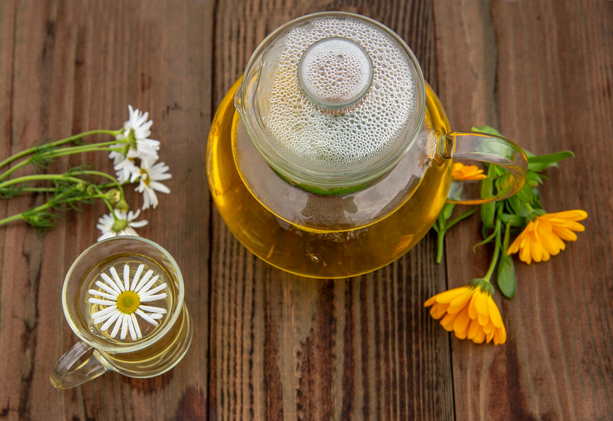 cruche verre tasse verre thé herbes camomille fleurs