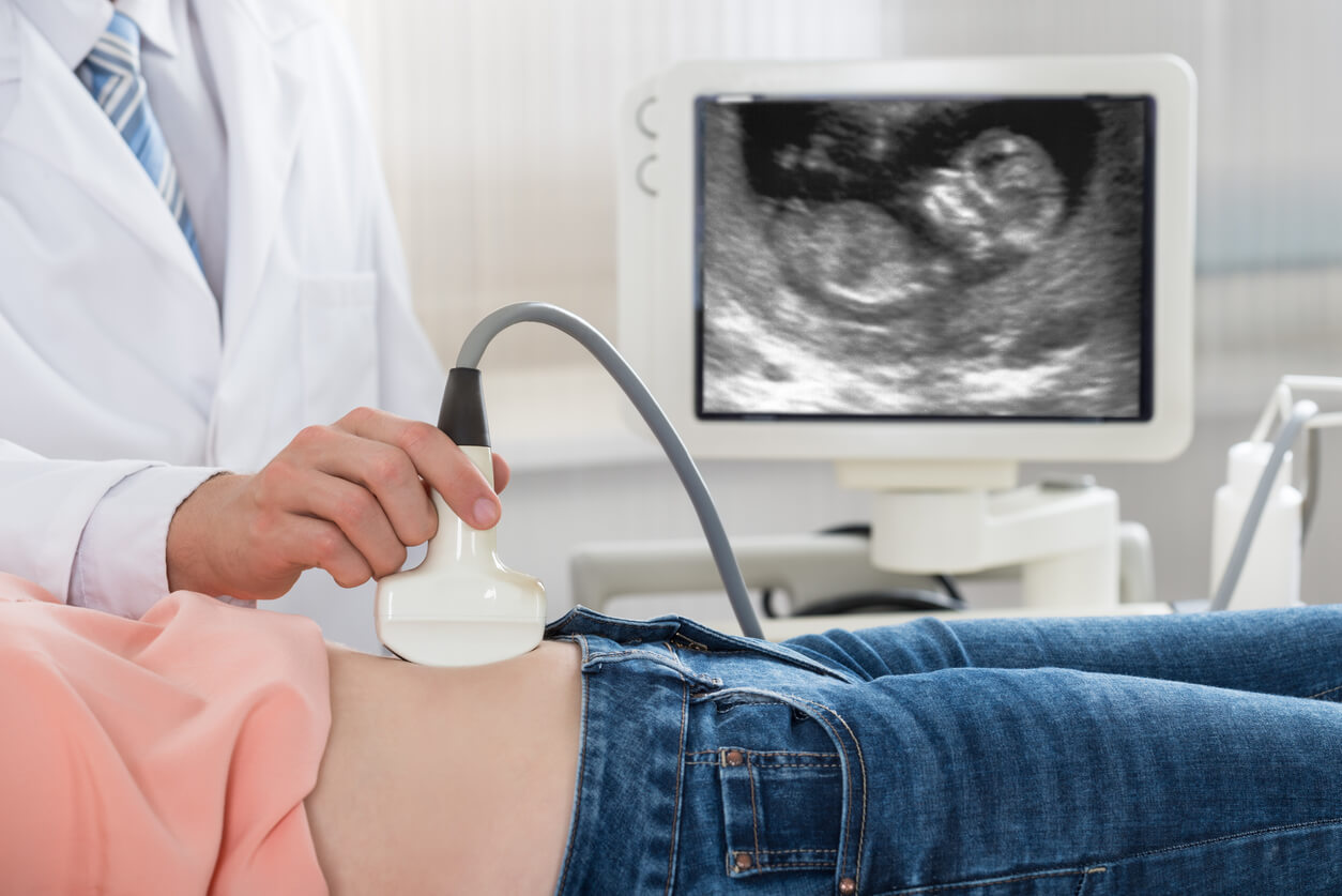 medico ecografita transductor obstetrico sobre vientre materno feto en monitor