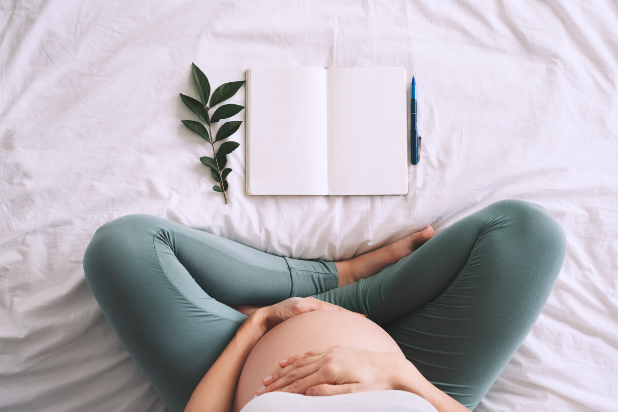 A pregnant woman sitting in front of a notebook, pen, and a small branch of leaves.