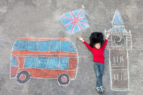 dibujo tiza piso autbus bandera inglesa big ben