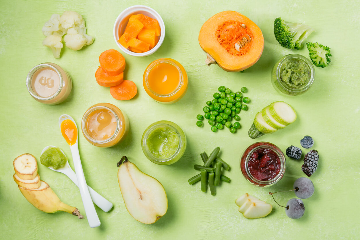 Fruits and vegetables along with their pureed versions.