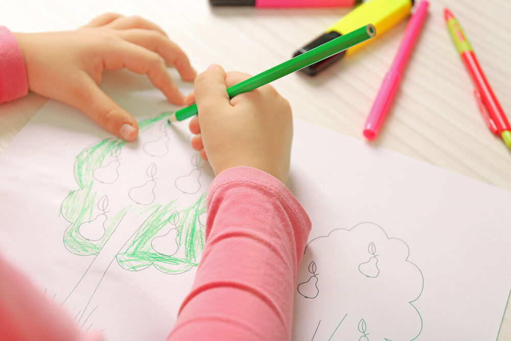 A girl drawing a pear tree.