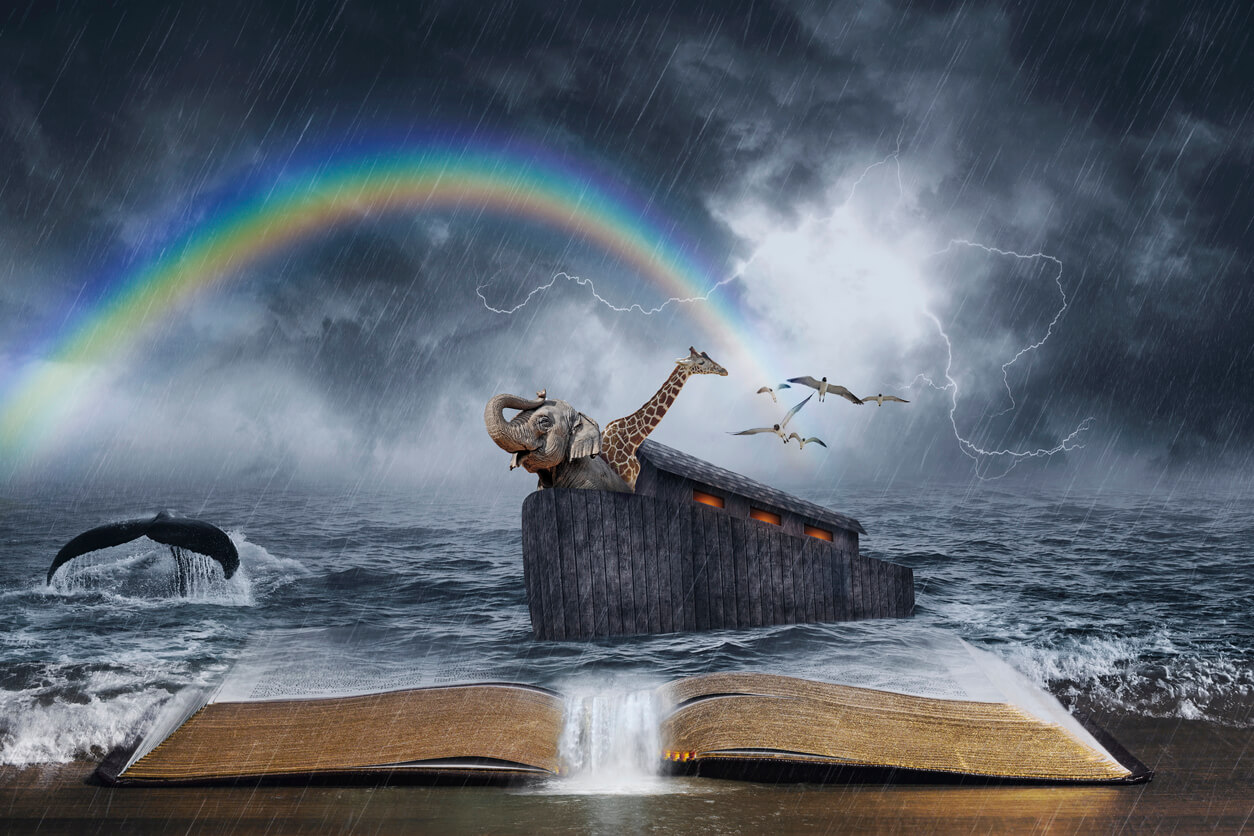 A painting of Noah's ark and the Bible.
