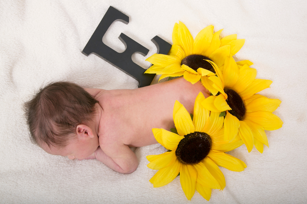 Un nouveau-né qui dort au milieu de tournesols artificiels.