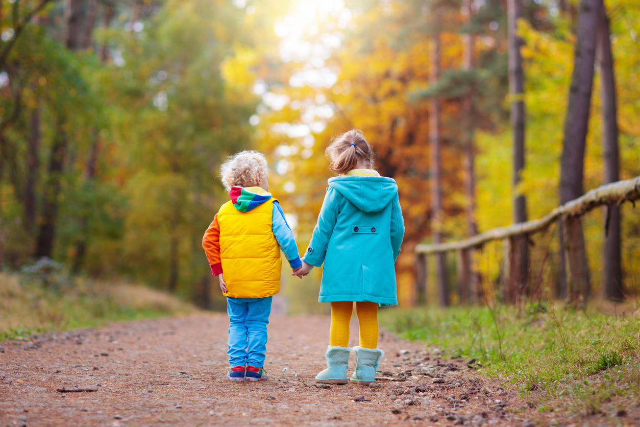 Deux enfants qui marchent main dans la main le long du chemin de la forêt d'automne.