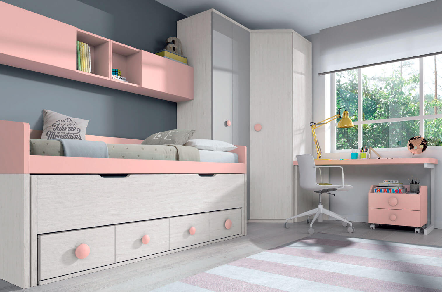 A pink and grey bedroom with a trundle bed.