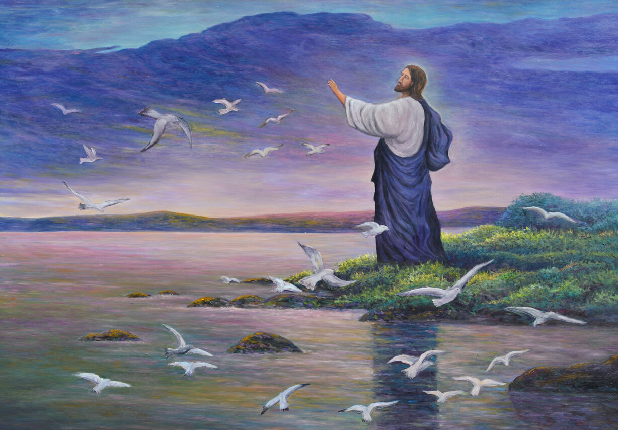 Desenho de Jesus alimentando pássaros