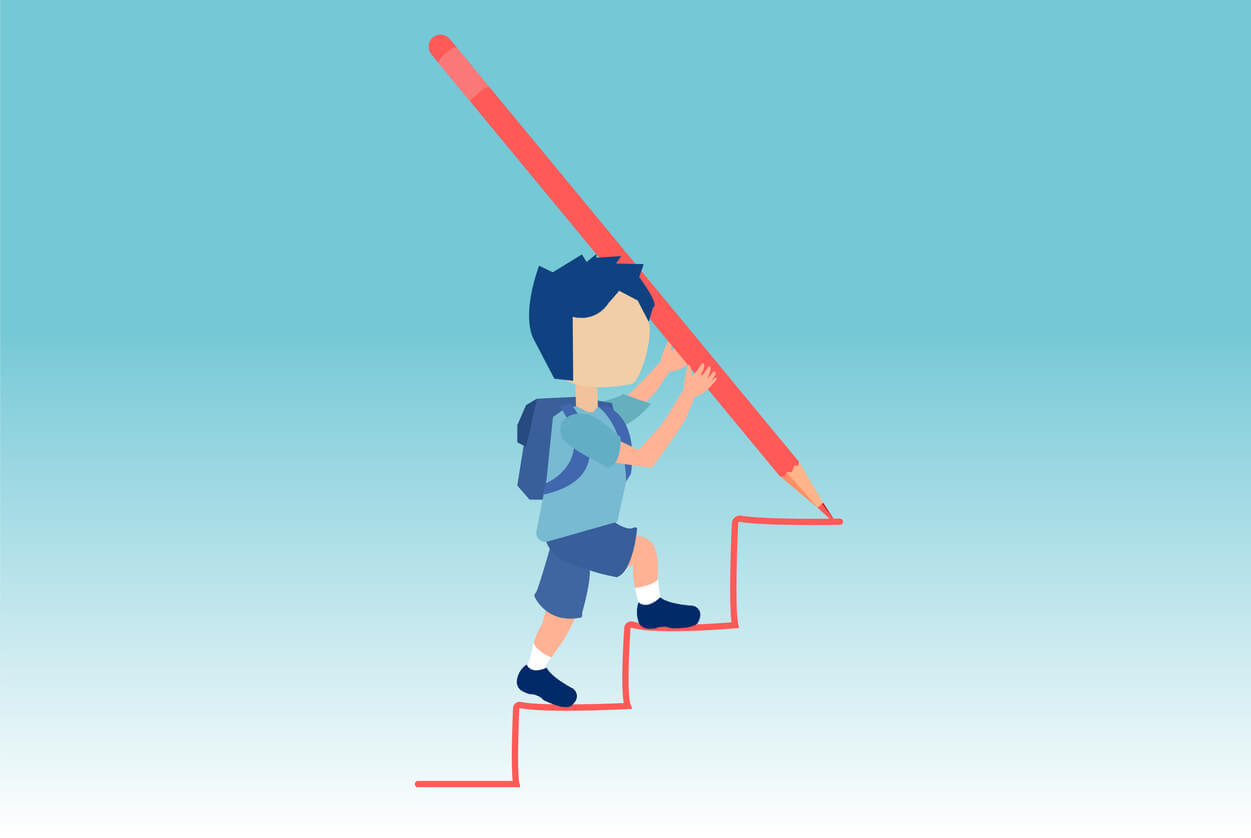 A cartoon drawing of a child climbing up a staircase that he's drawing himself.