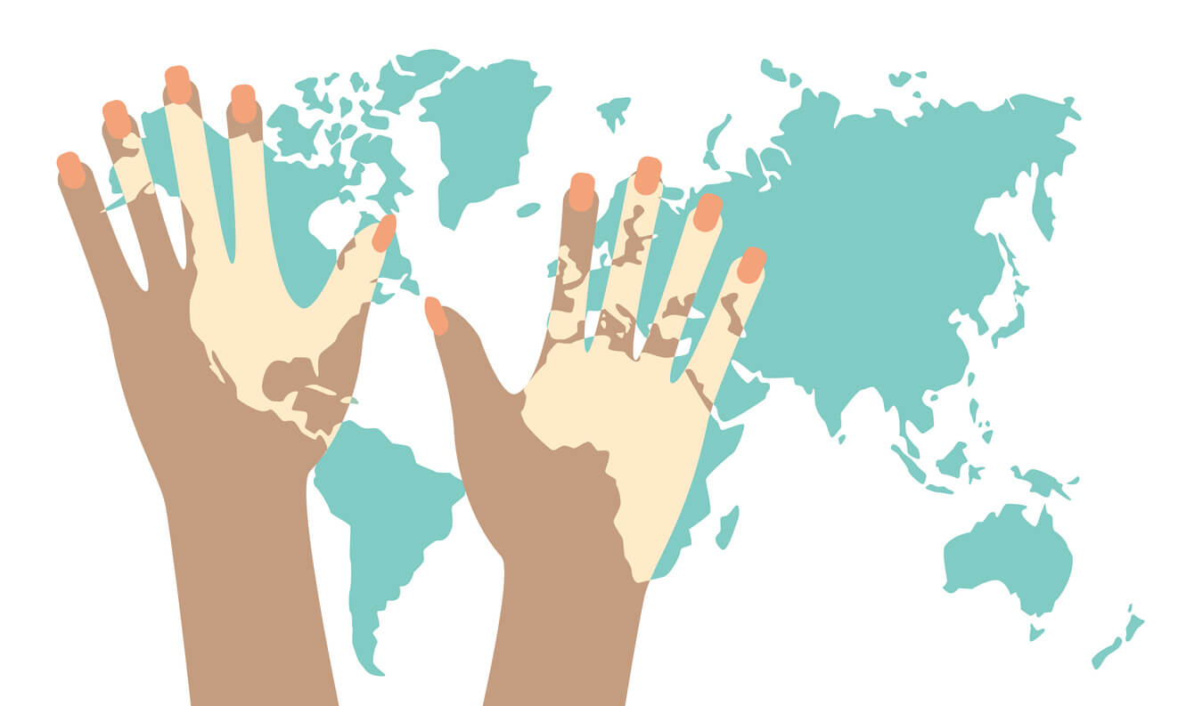 A digital drawing of vitiligo hands covering a map of the world.