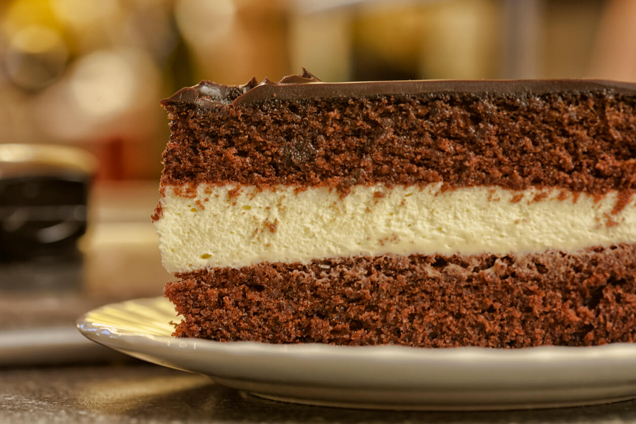 Chocolate sponge cake with cream filling.