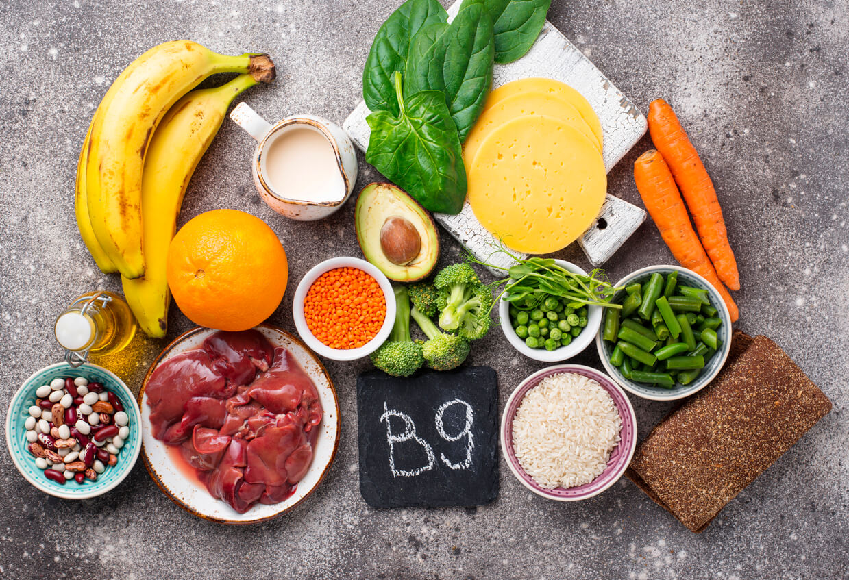Plant and animal sources of folic acid.