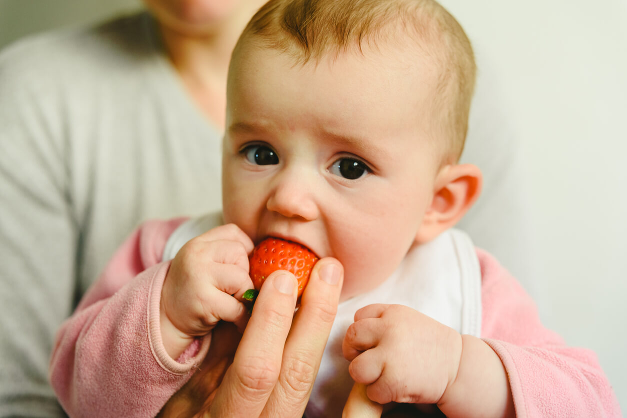 A teething baby chewing on a strawberry.