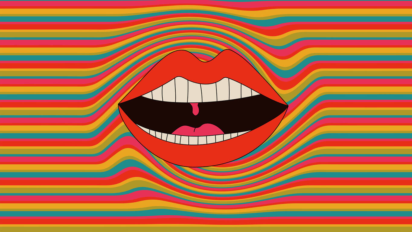 En tegneserietegning av en smilende munn og tenner med striper i bakgrunnen.