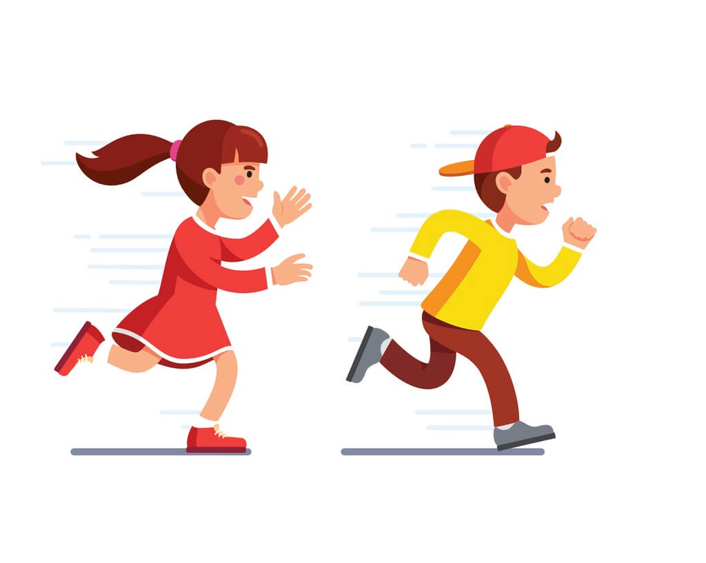 A cartoon drawing of a boy and girl running.