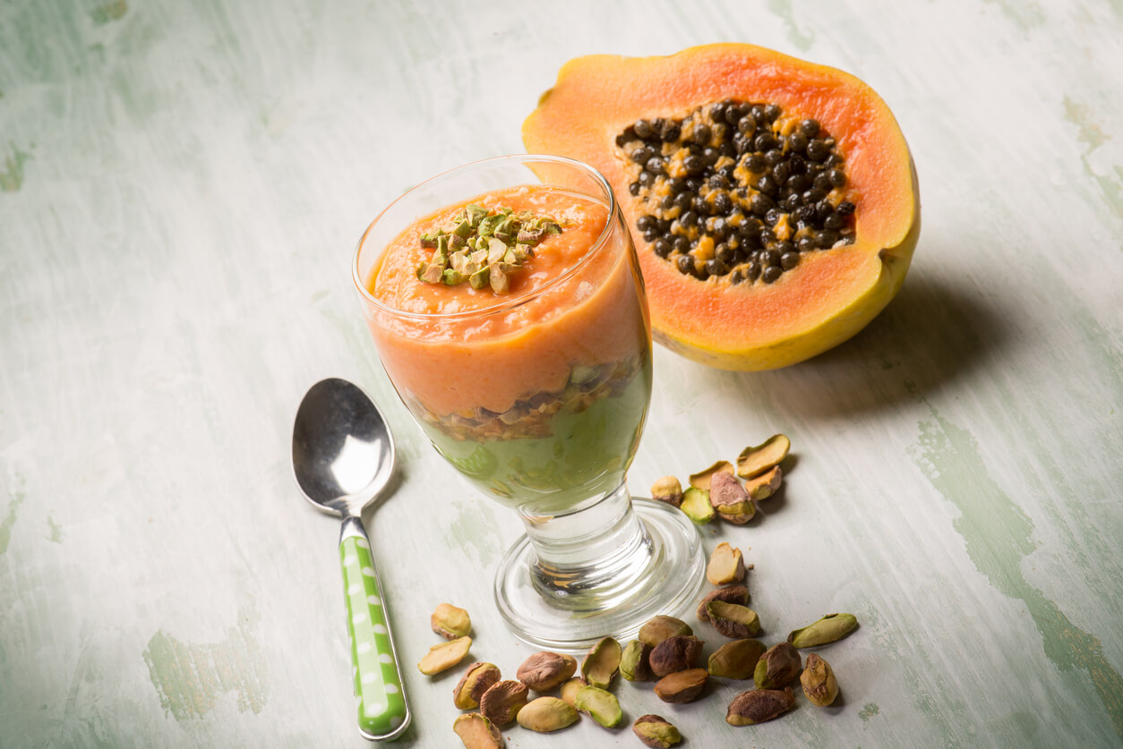 Papaya and pistacho mousse.
