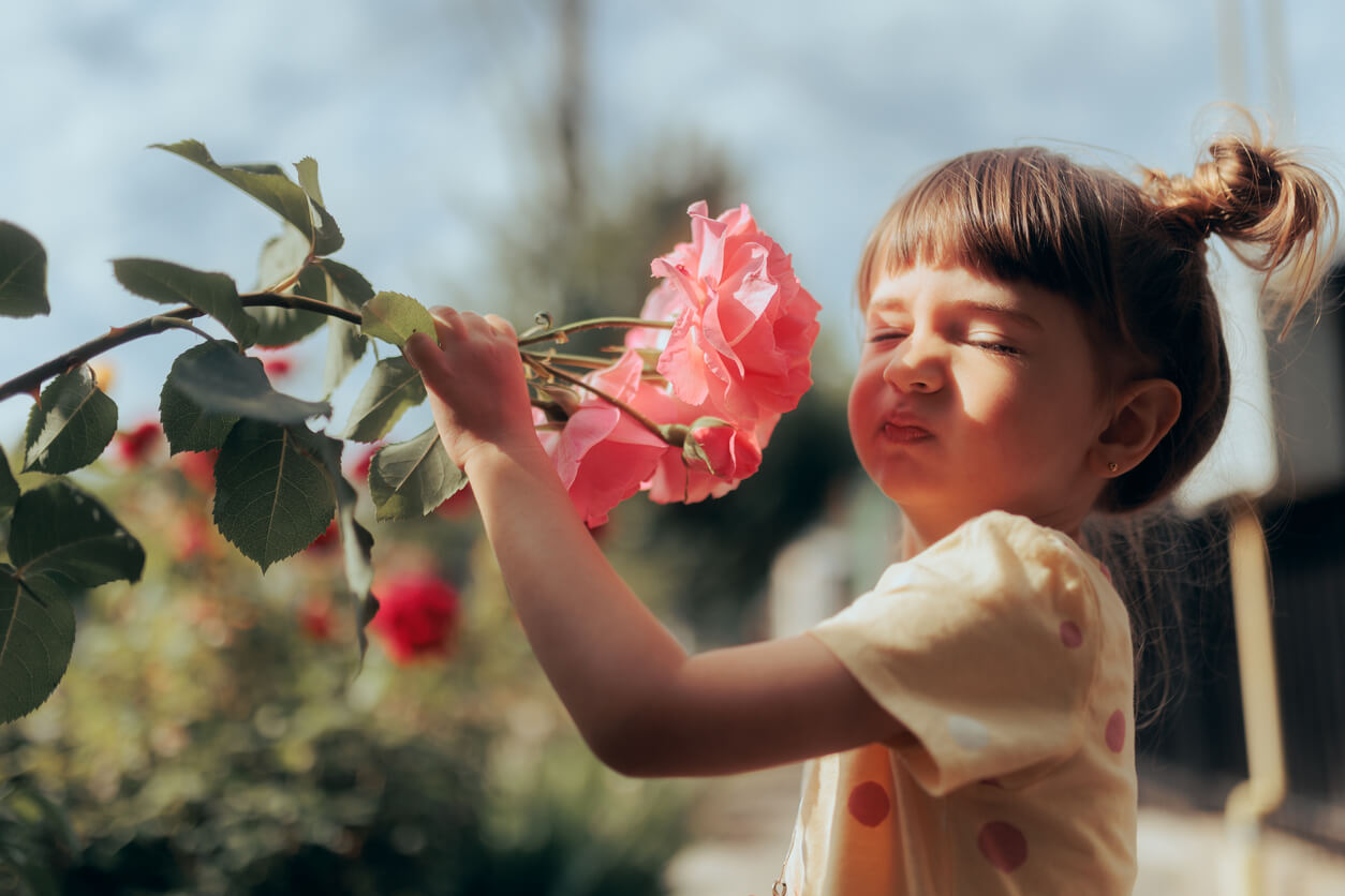 Ett litet barn sniffar på en ros i en trädgård.