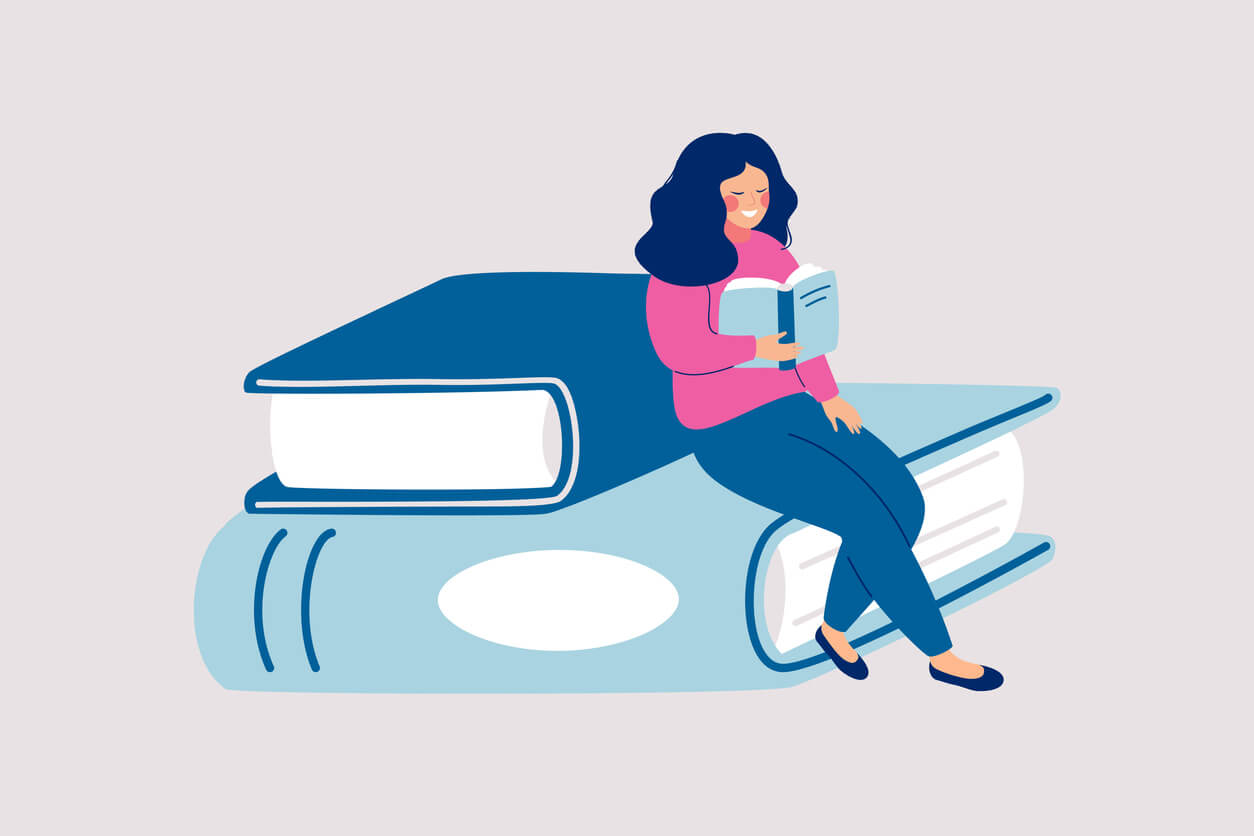 Dessin d'une femme qui lit assise sur 2 livres plus grands qu'elle.