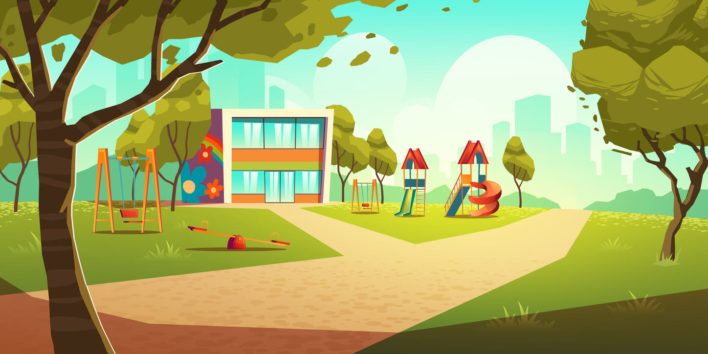A cartoon image of a green schoolyard.