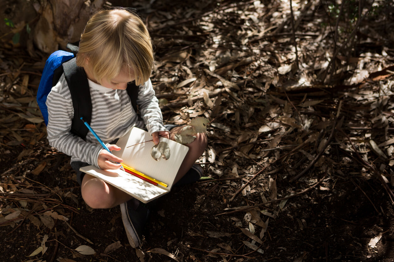 A child writing in a journal in the woods.