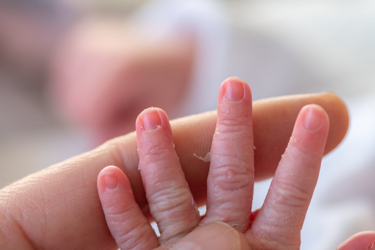 Une main de bébé à côté d'un doigt adulte.
