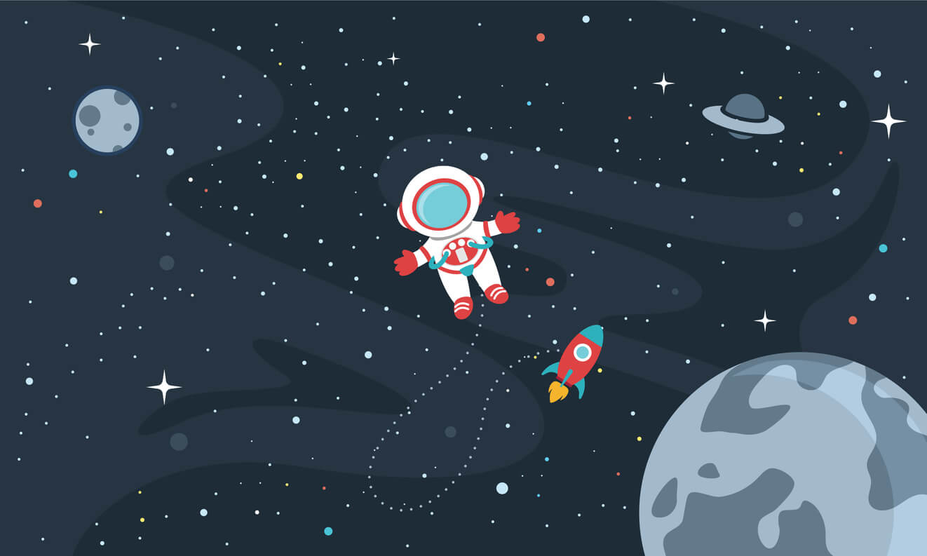Et tegneseriebilde av en astronaut som flyter i verdensrommet.