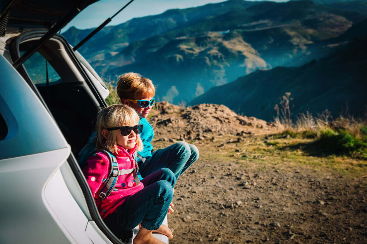 Children sitting in the back of a car looking out at a mountainous landscape.