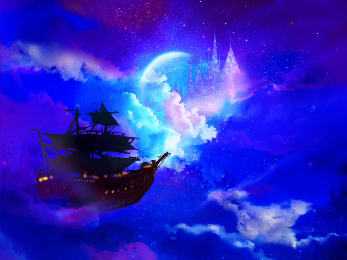 A scene from Peter Pan where a pirate ship sails through the sky.