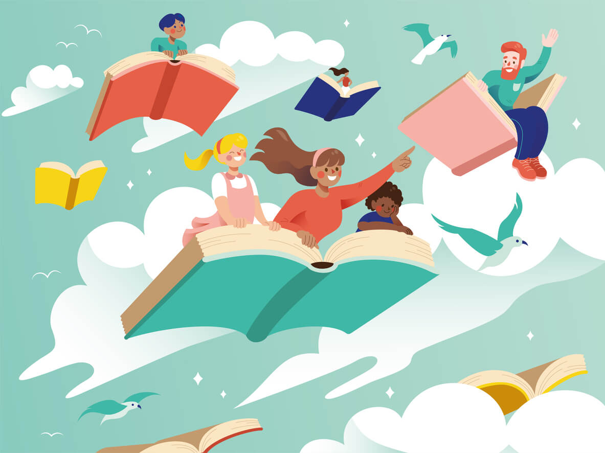 En tegneserieillustrasjon av mennesker som flyr gjennom himmelen på bøker.