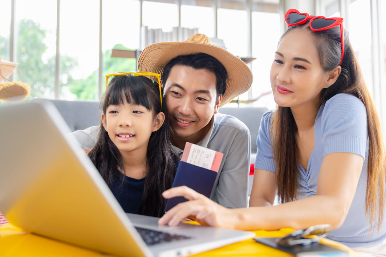 A family preparing to travel by air.