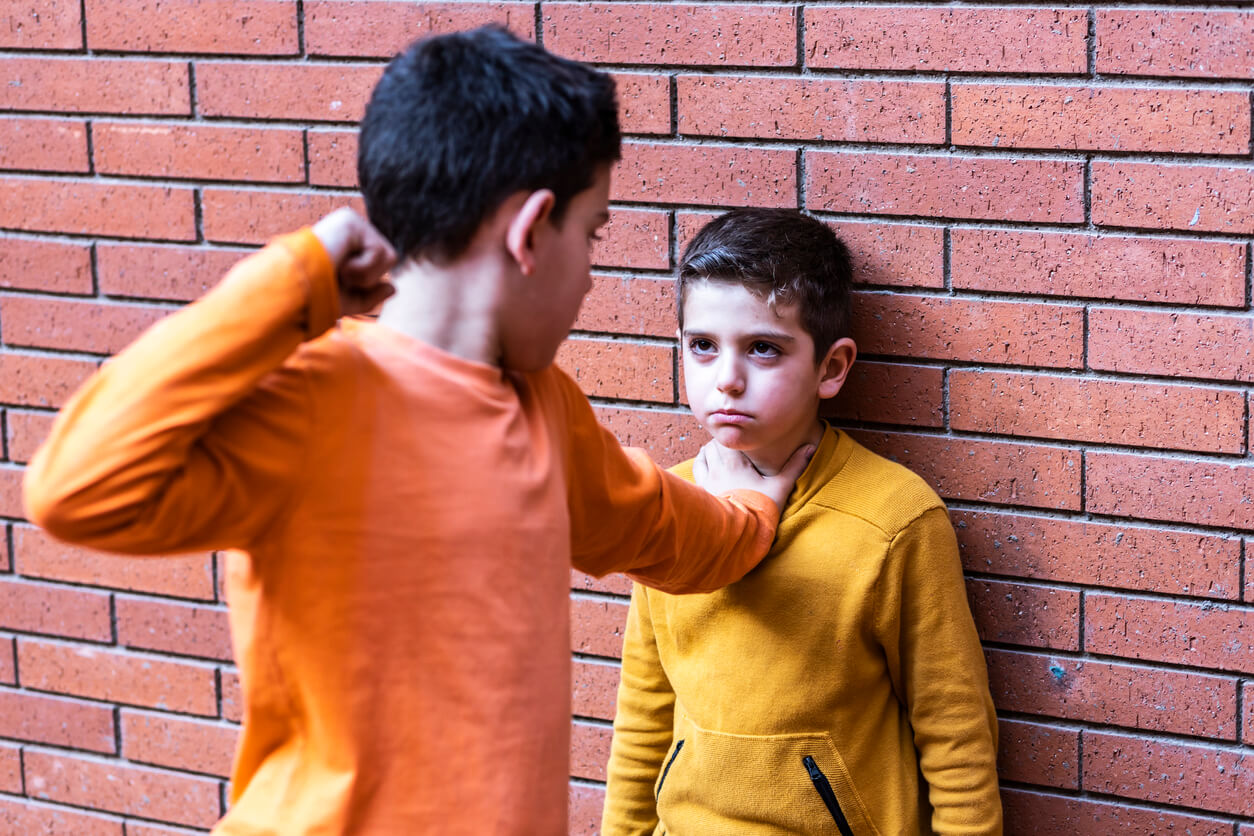A boy preparing to punch a smaller boy.